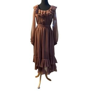 Vintage Rona 1970’s Brown Ruffle  Sheer Dress‎ Size 8